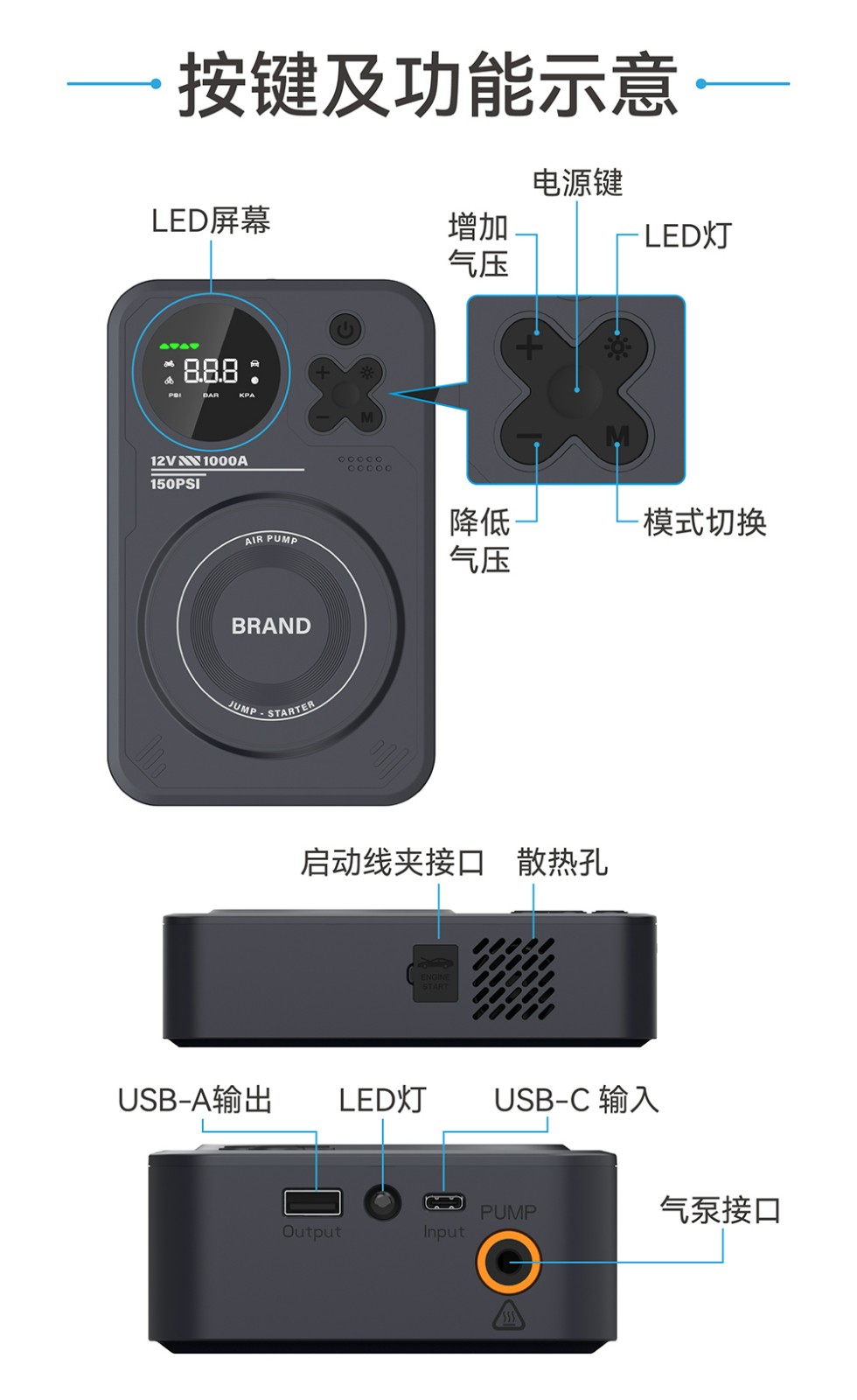 电将军B37 2000A汽车启动电源充气泵搭电充气一体机06